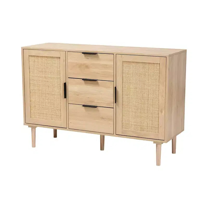 Buffet à tiroirs en bois et rotin