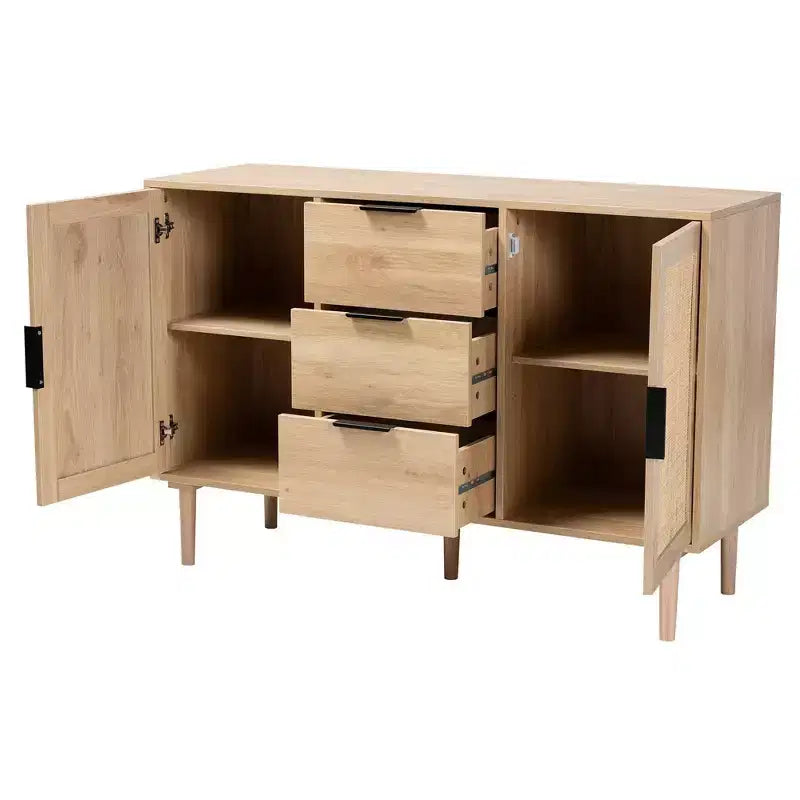 Buffet à tiroirs en bois et rotin