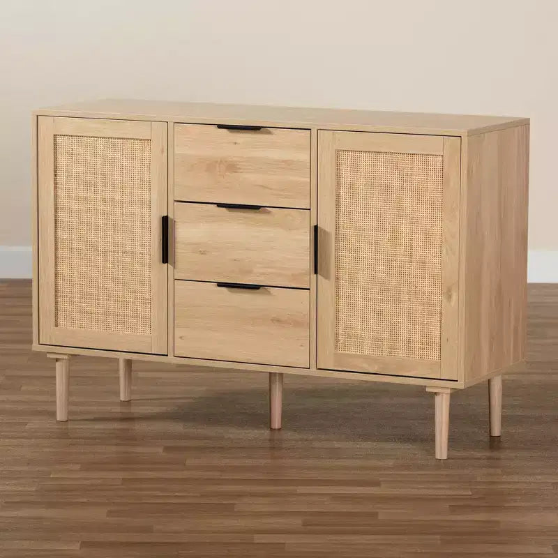 Buffet à tiroirs en bois et rotin