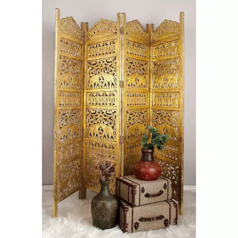 Traditional 4 Panel Fine Carved Room Divider Screen Gold - Olivia & May: Hand-Applied Foil Artisan Crafted