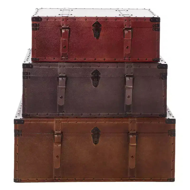 Olivia & May Rectangular Rustic Faux Leather Trunk Coffee Table Brown: Vintage-Inspired Storage Solution No Assembly Required