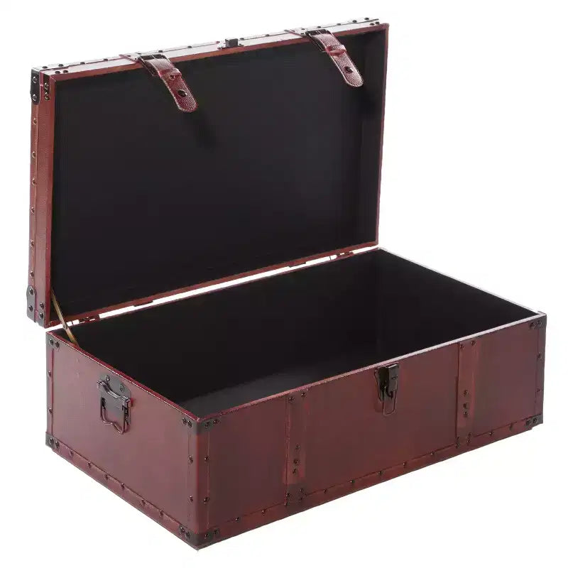 Table basse malle rectangulaire en similicuir rustique marron