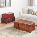 Table basse malle rectangulaire en similicuir rustique marron