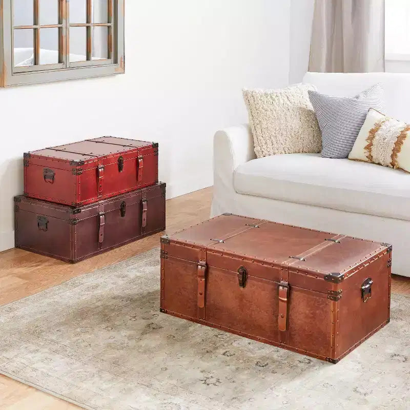 Table basse malle rectangulaire en similicuir rustique marron