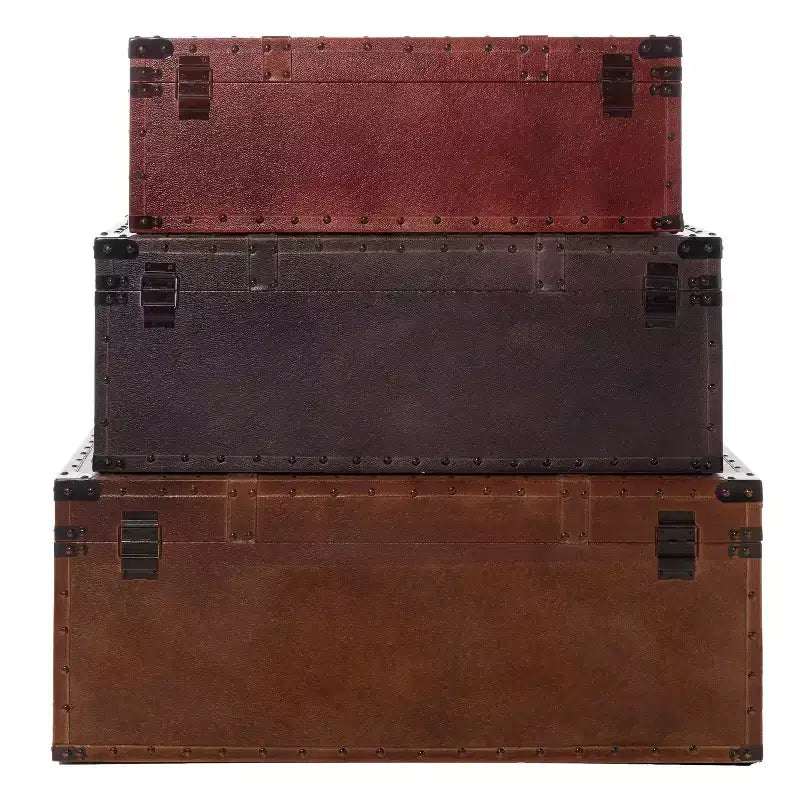 Table basse malle rectangulaire en similicuir rustique marron