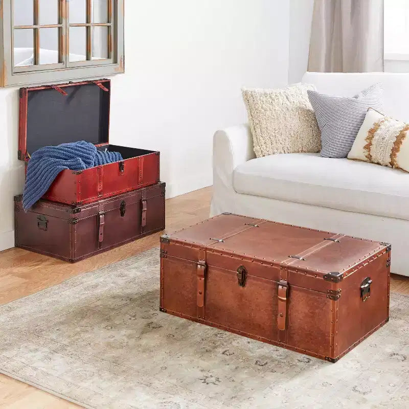 Table basse malle rectangulaire en similicuir rustique marron