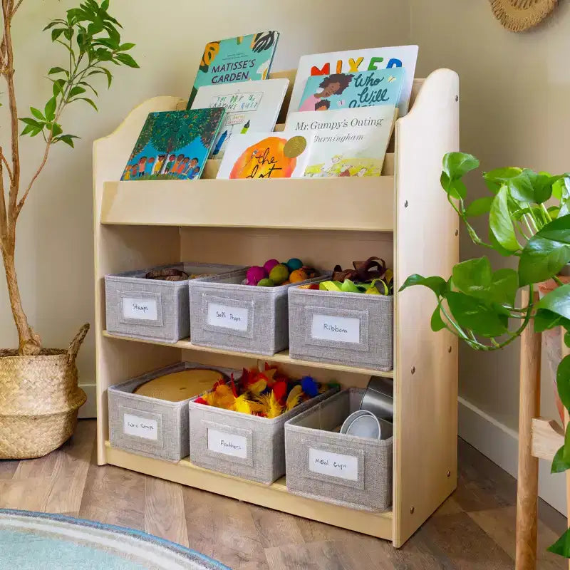 Guidecraft EdQ Book and Bin Browser: Wooden Bookcase with Tiered Shelves and Cubbies Toddler Playroom Furniture and Cube Organizer